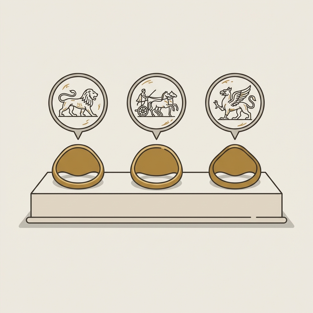 Minimalist 2D vector museum display of ancient rings with three magnified insets showing intaglio motifs and subtle wear patterns on a beige Aurora Antiqua palette