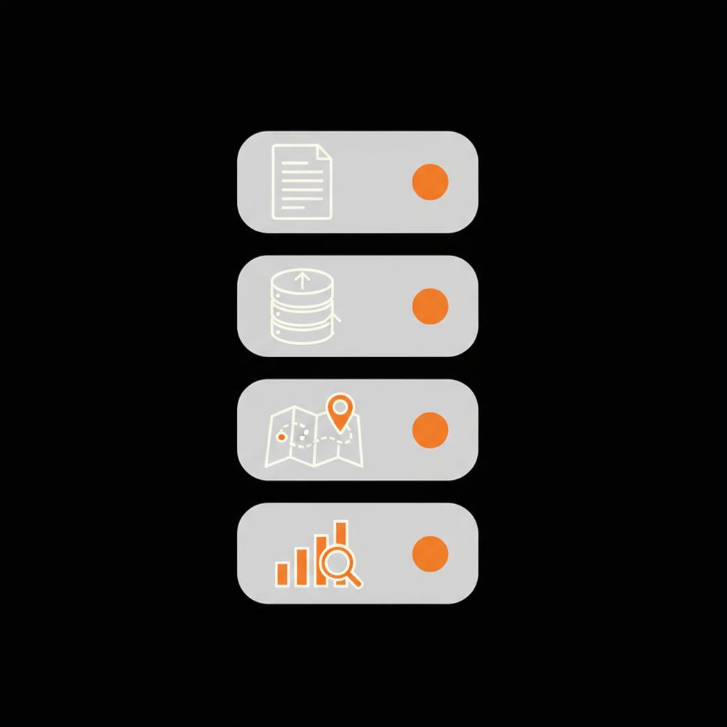 Minimal 2D vector checklist infographic on black background showing four icons for preparing press brief, collecting data, choosing route, and measuring KPIs; cost to appear on Forbes