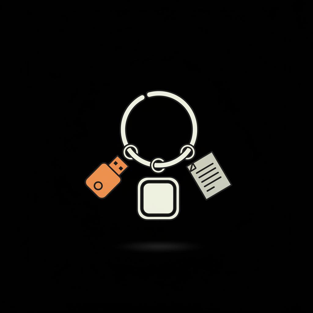 Minimal 2D vector key ring with a hardware security key, authenticator app icon, and backup code sheet on black background illustrating how to unlock Google account.