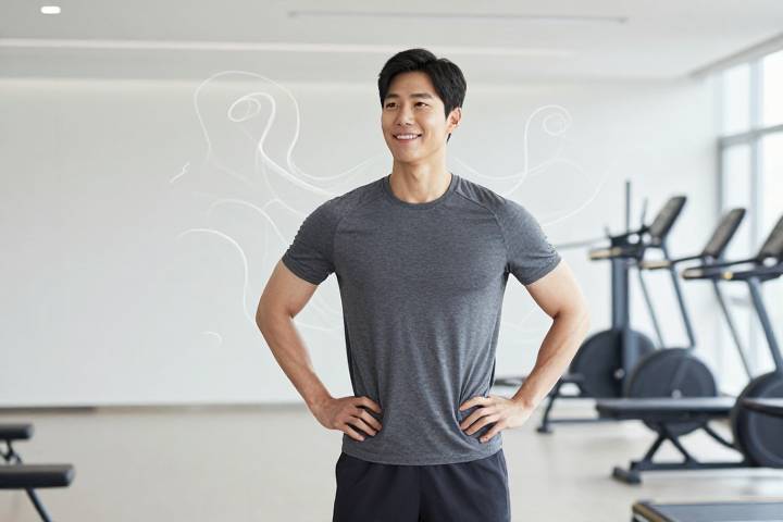 밝고 현대적인 헬스장 환경에서 운동복을 입은 건강한 한국 남성이 레그 익스텐션 기구 앞에서 미소를 지으며 편안하고 에너지가 넘치는 표정을 짓고 있다. 배경에는 은은한 초콜릿 향이 시각적으로 표현되어 있다.