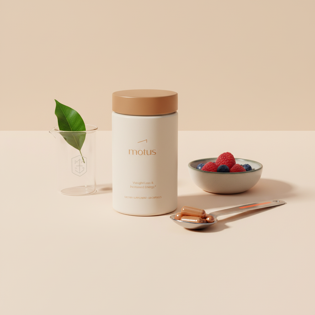 Minimalist editorial product shot of Motus jar with measured spoon of capsules, small bowl of berries and lab beaker on beige background — semaglutide injection vs oral