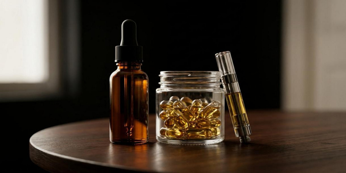 Prodotti a base di H4CBD: olio, capsule e cartucce, fotografia realistica, sfondo neutro