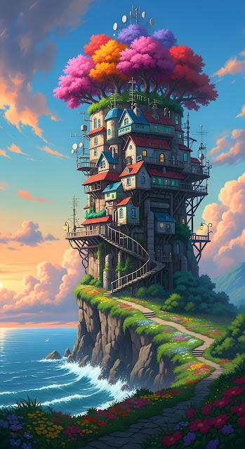Whimsical Cliffside Tower House Fantasy Architecture - Free mobile Wallpaper