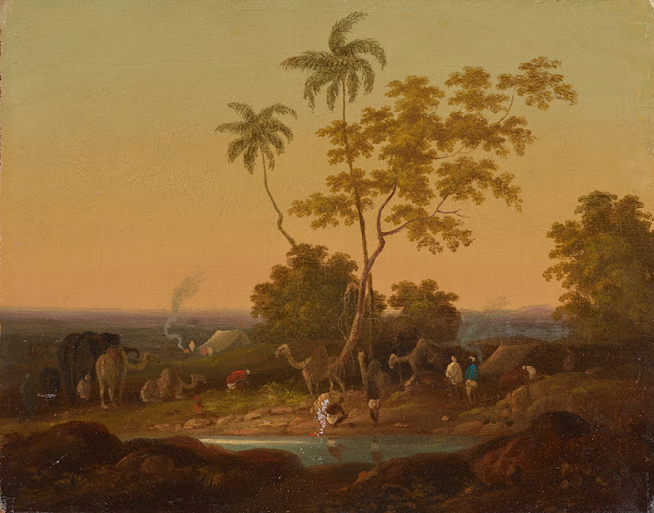 An encampment at dusk