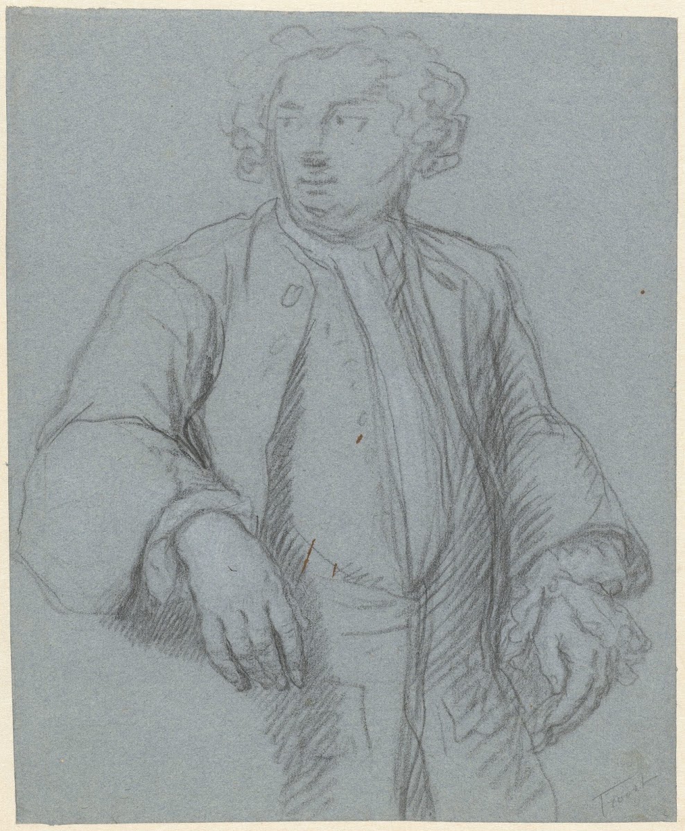 Portret van een onbekende man met lange jas driekwart naar links 1706 1750