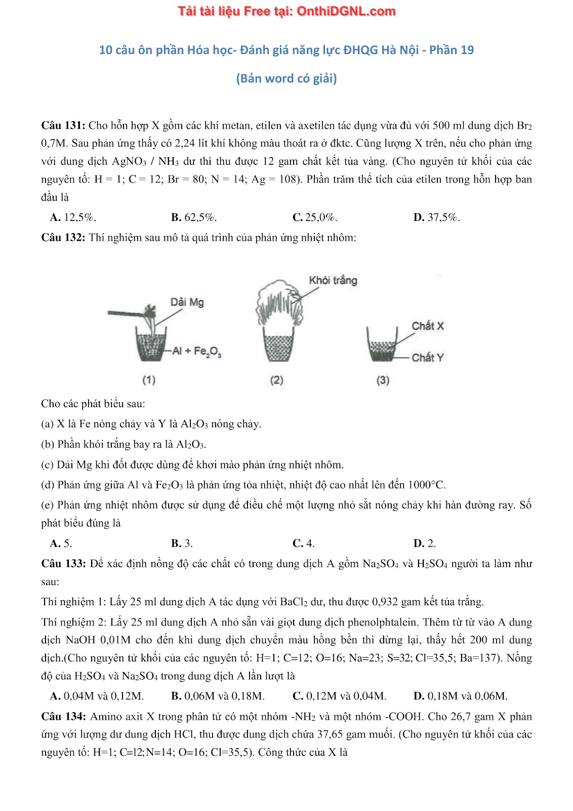 260 bài tập môn Hóa học - Ôn thi ĐGNL ĐHQG Hà Nội Phần 19
