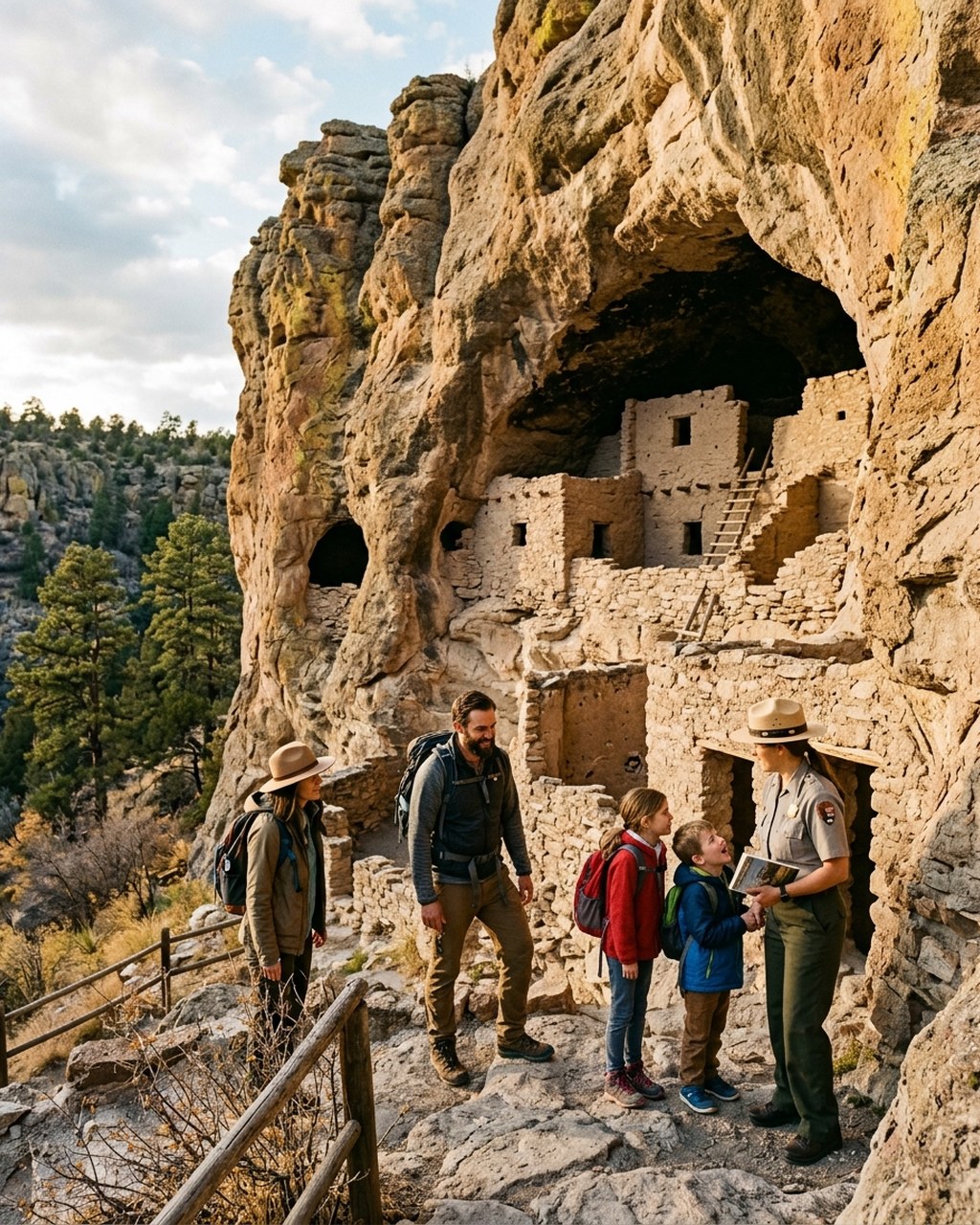 Family with park ranger exploring Gila Cliff Dwellings ancient stone rooms New Mexico