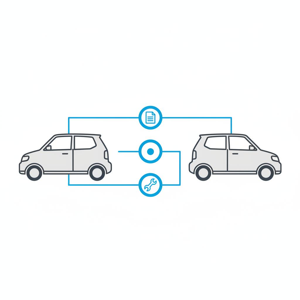 Minimalist 2D vector comparison of two cars with blue checklist icons for clean title single owner and service history on white background used car companies near me