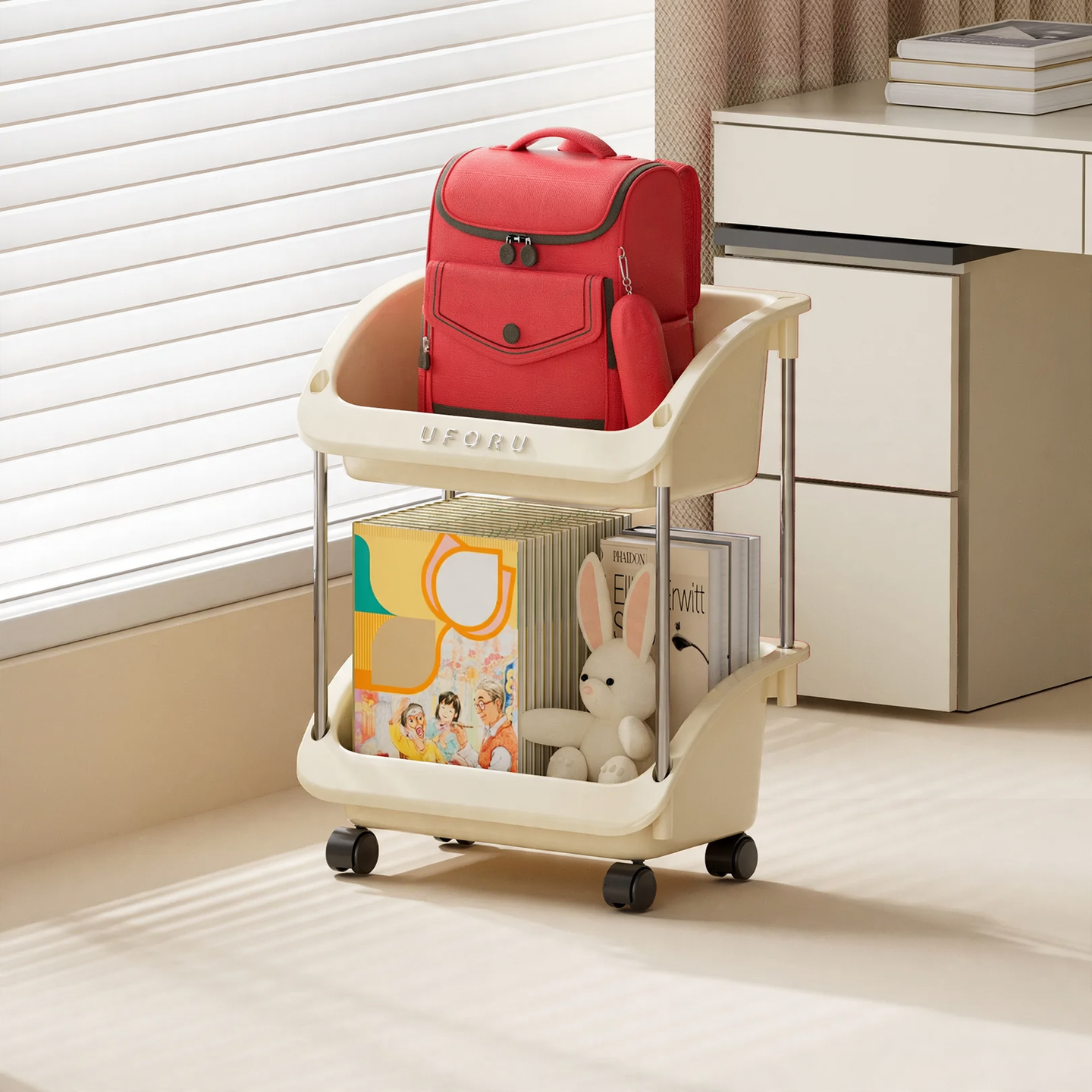 Rolling cart with wheels, PP plastic, multi-tiered