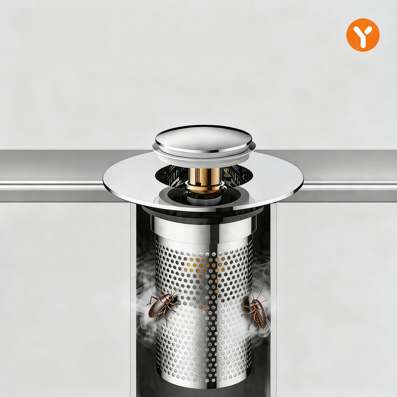 Push-button drain valve for sinks, copper-plastic