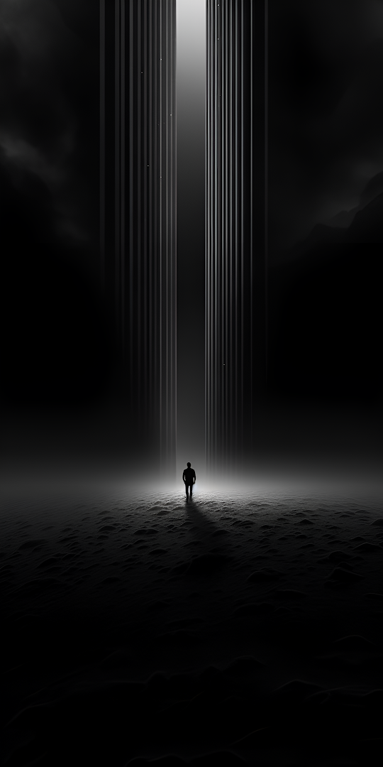 Silhouette Standing in Beam of Light Between Towers