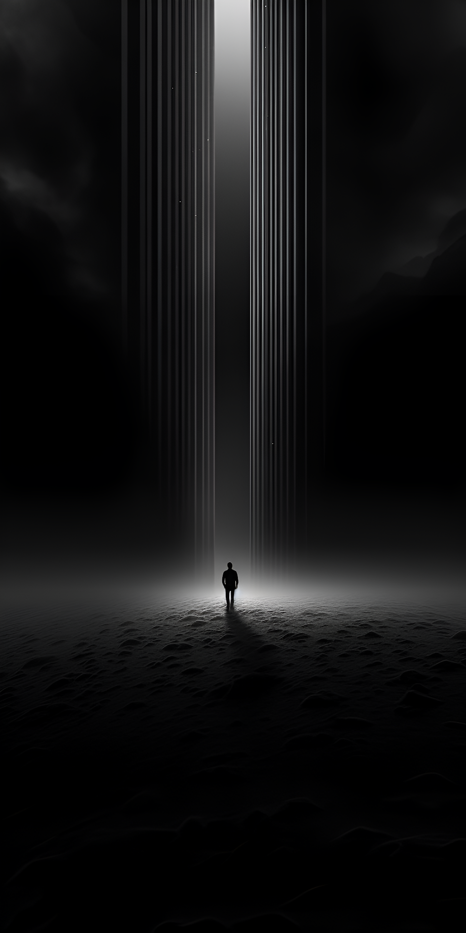 Silhouette Standing in Beam of Light Between Towers - Free 4K mobile Wallpaper