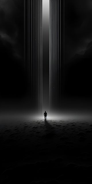 Silhouette Standing in Beam of Light Between Towers - Free mobile Wallpaper