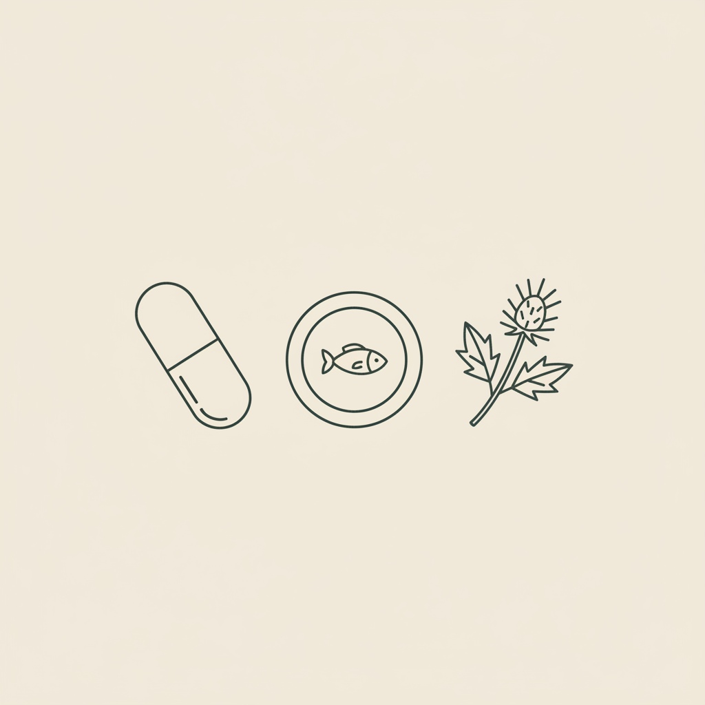 Minimal Tonum-style line illustration of a capsule, small plate with fish icon, and milk thistle sprig on a beige background — how long does vitamin d3 take to work