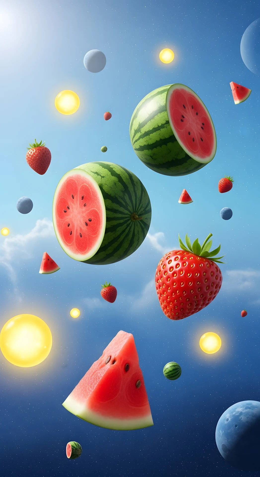 Cosmic Fruitscape: Watermelons and Strawberries Floating - Free 4K mobile Wallpaper