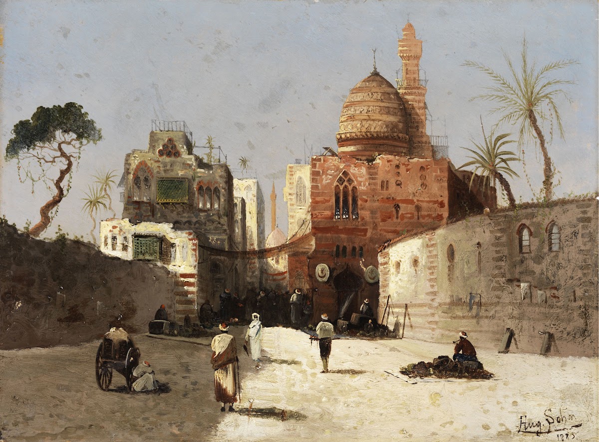 Orientalische Straßenszene mit Moschee Minarett und Händlern auf einem Vorplatz