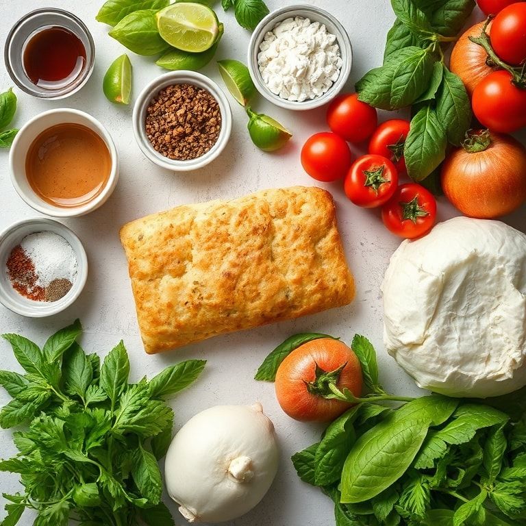 Ingredients for Margherita Focaccia Bread (Authentic Italian Flavor) – Easy Homemade Sheet-Pan Pizza