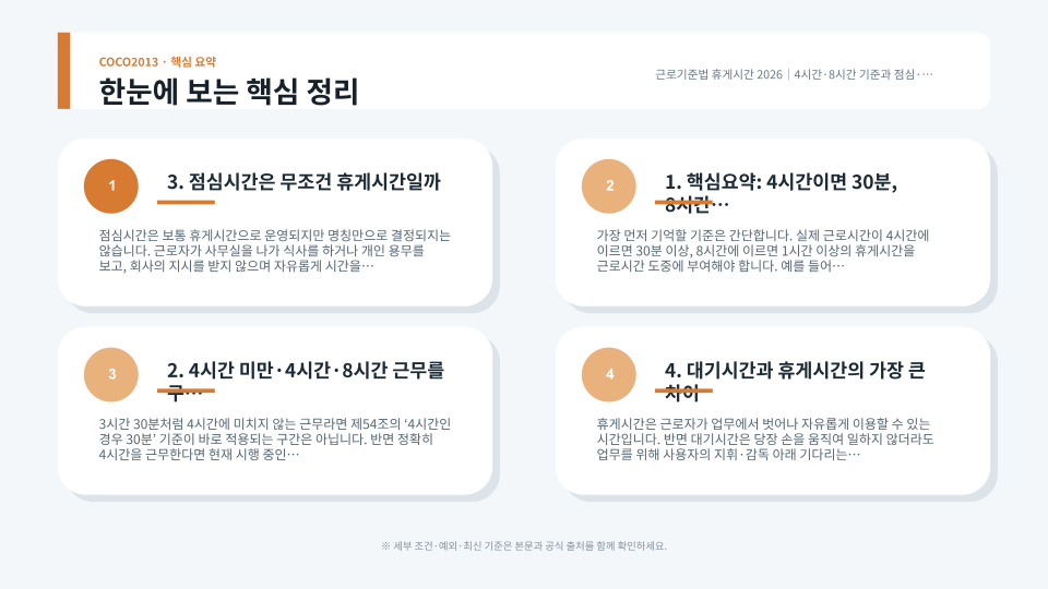4시간·8시간 근무와 휴게·대기시간을 구분해 보여주는 직장 생활 장면