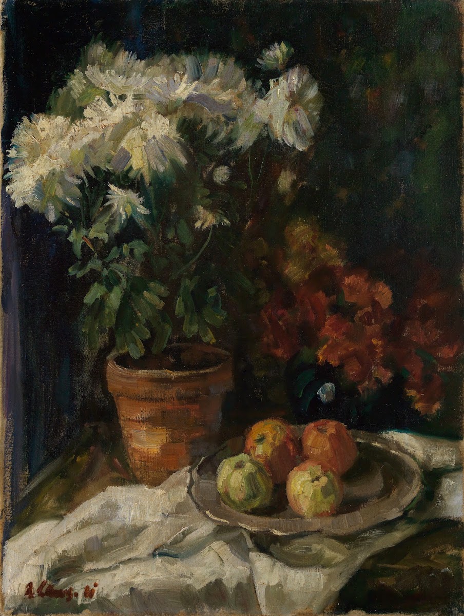 Stilleben mit weissen Chrysanthemen und Äpfeln 1881