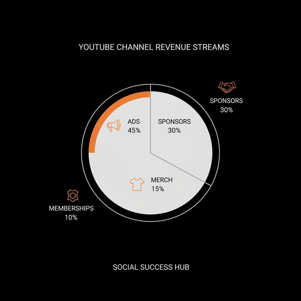 Minimal vector infographic pie chart of YouTube channel valuation showing revenue streams (ads, sponsors, merch, memberships) on black background with brand colors.