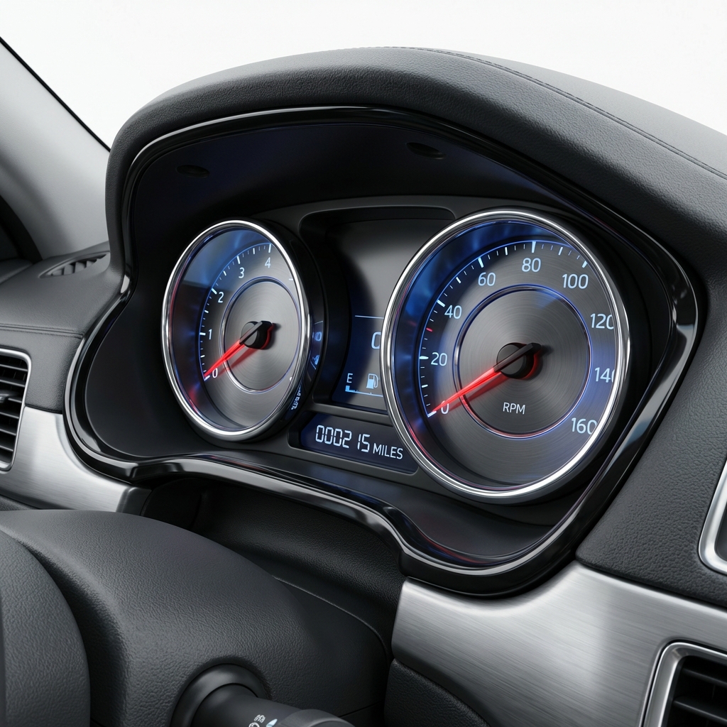 High contrast close up of a car dashboard and odometer on white background with subtle CarFax Deals blue accent who pays most for used cars