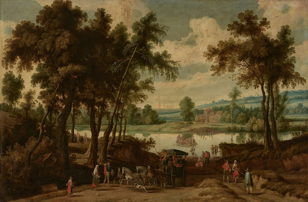 River landscape with a carriage transporting passengers and a ferry crossing