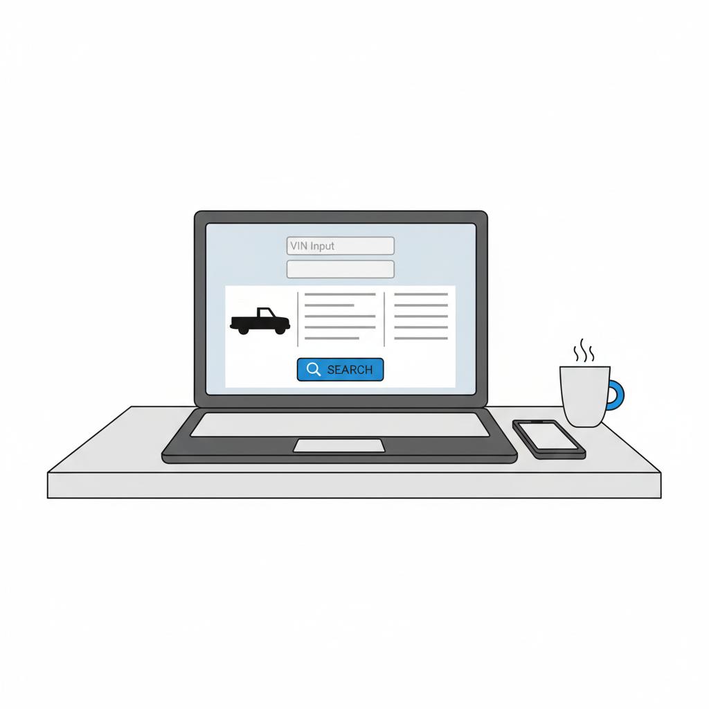 Minimalist vector laptop showing a VIN input and vehicle history report with a generic pickup silhouette and CarFax Deals colors used chevy colorado for sale