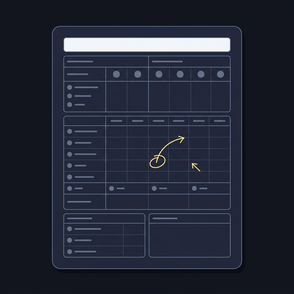 Minimal 2D vector worksheet mockup showing exported team advanced fields with a handwritten style adjustment marking an injured starter in Funded Plays style dallas mavericks prediction