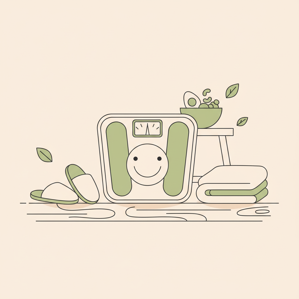 2D-Vektorillustration einer Waage mit Smiley-Display und natürlichen Accessoires, symbolisiert Eiweißbedarf beim Muskelaufbau in freundlicher, minimalistischer Szene