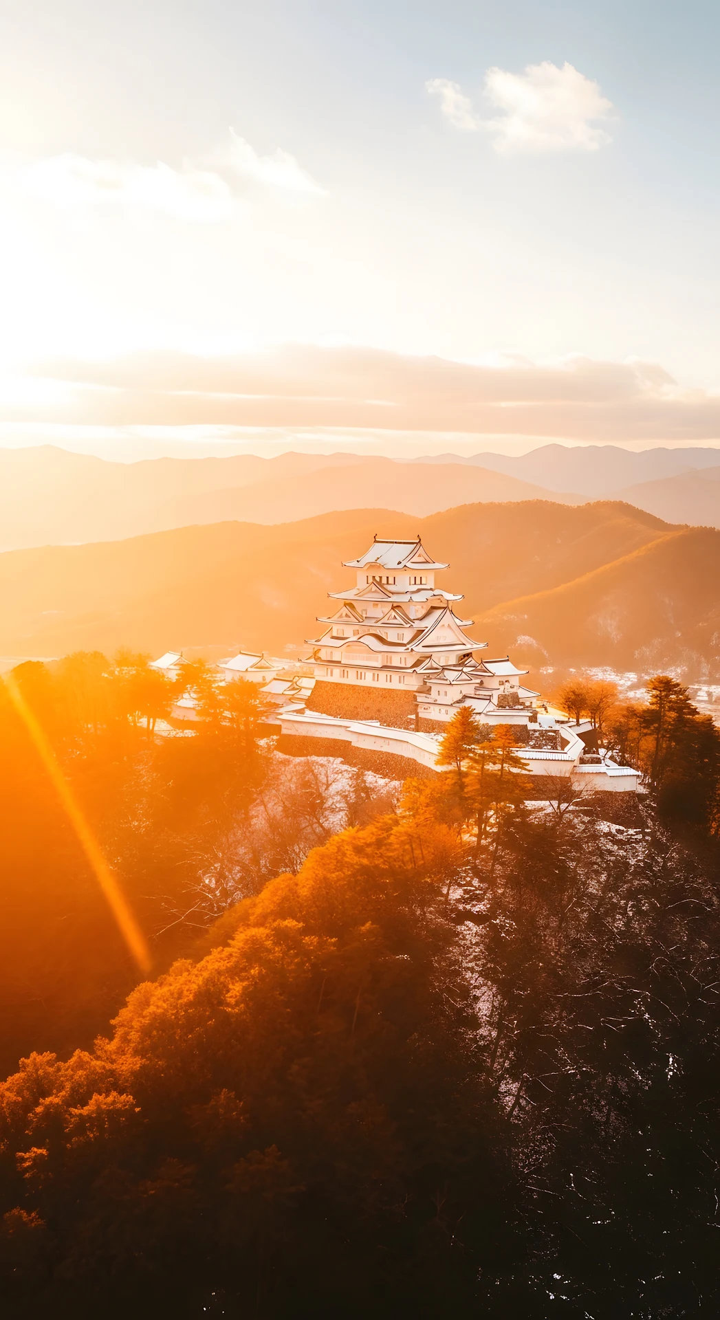 Misty Aerial of White Japanese Castle on Hill During Golden Hour in Winter - Free 4K mobile Wallpaper