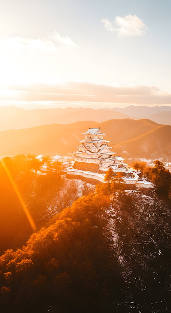 Misty Aerial of White Japanese Castle on Hill During Golden Hour in Winter - Free mobile Wallpaper