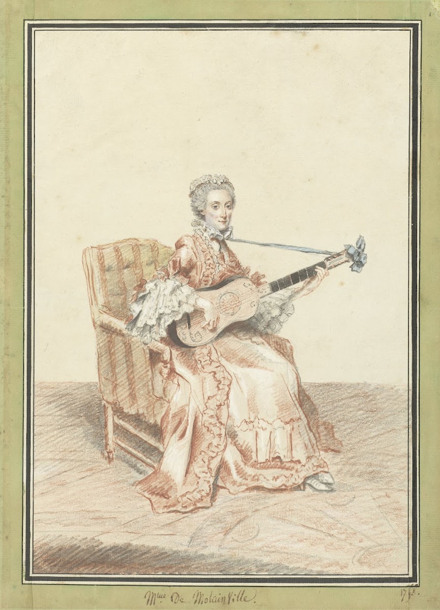 Portret van Madame de Montainville gitaar spelend 1758
