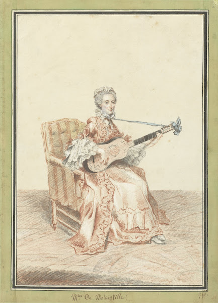 Portret van Madame de Montainville gitaar spelend 1758