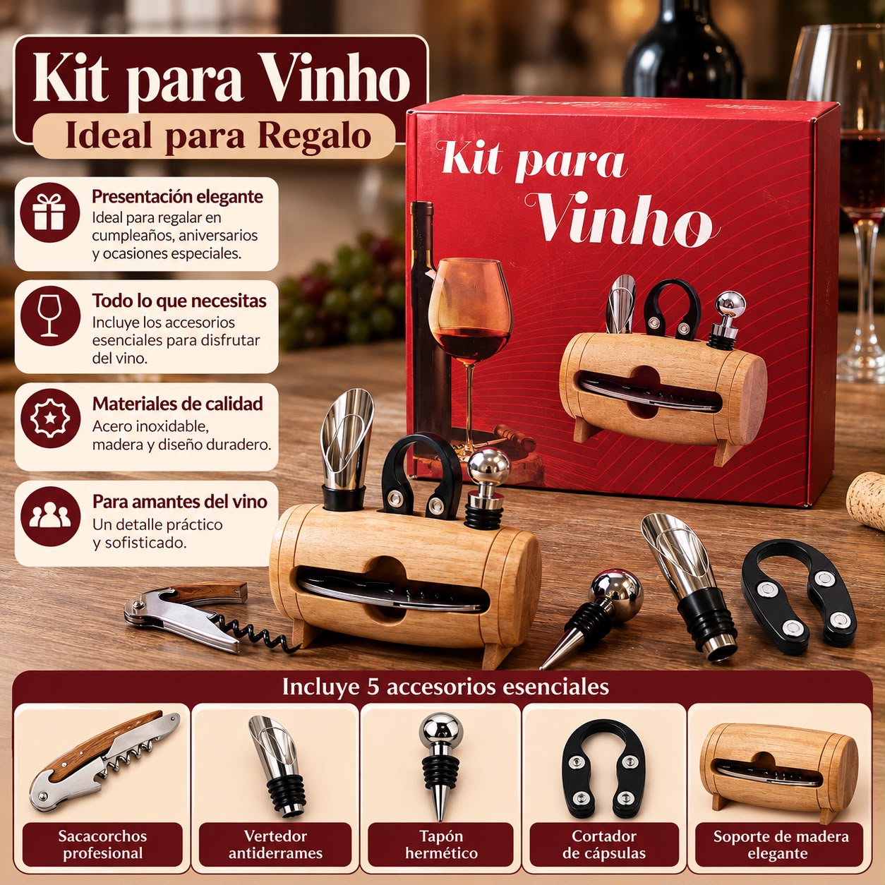 Kit para vino con soporte de madera