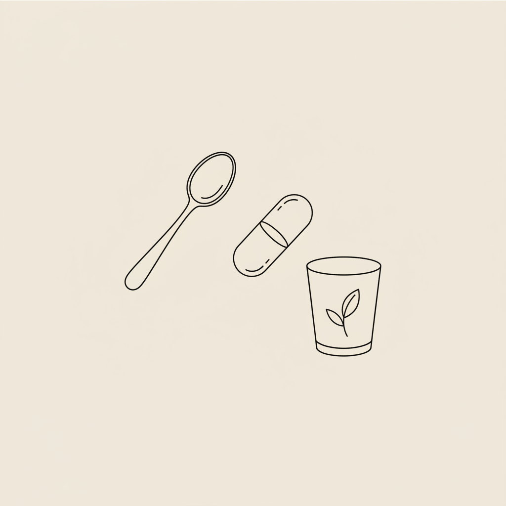 Minimalist line illustration of a spoon, capsule, and water glass with a leaf on a beige background, representing fiber supplements side effects