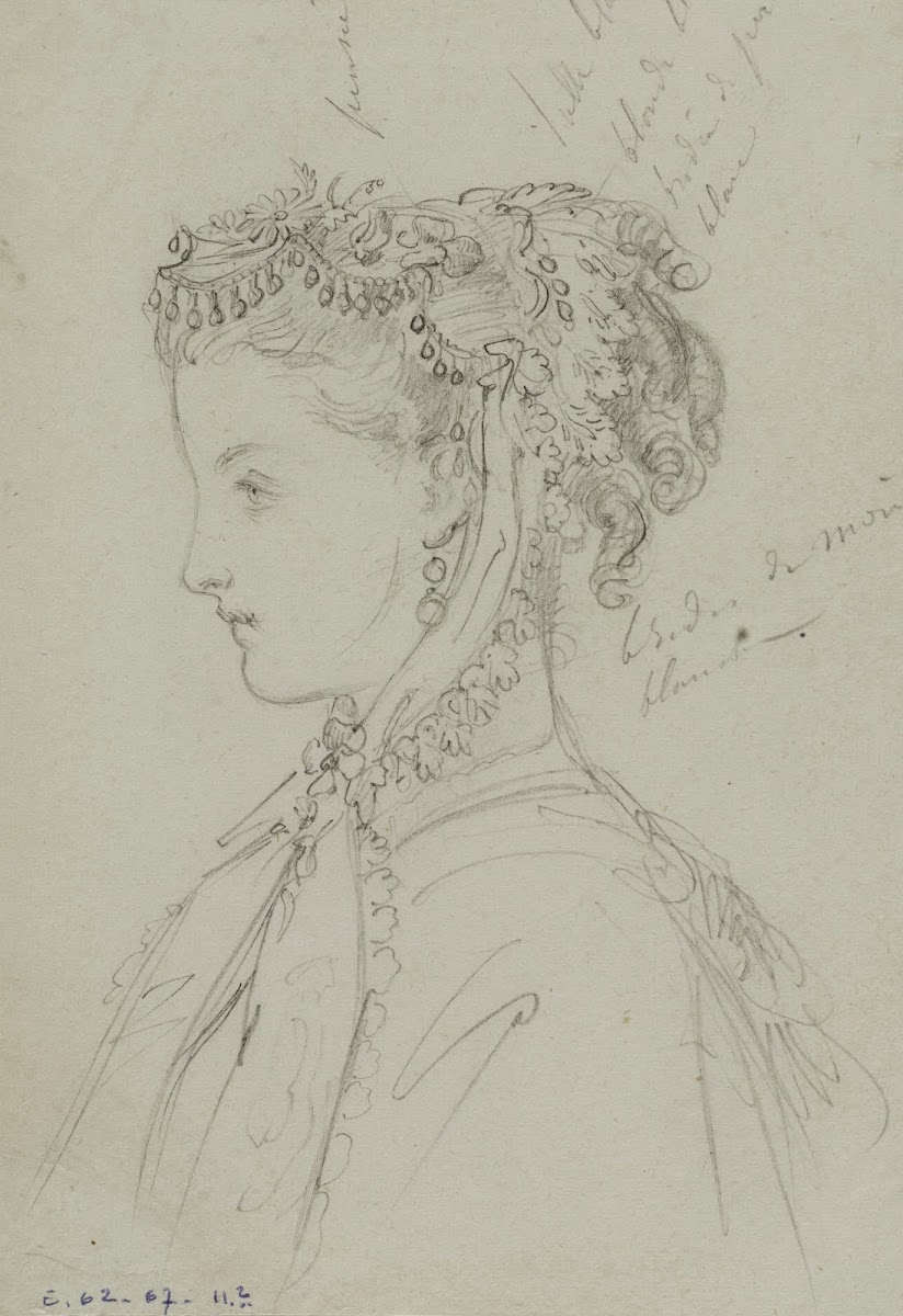Tête féminine de profil avec coiffe fleurie nouée sous le menton 1867