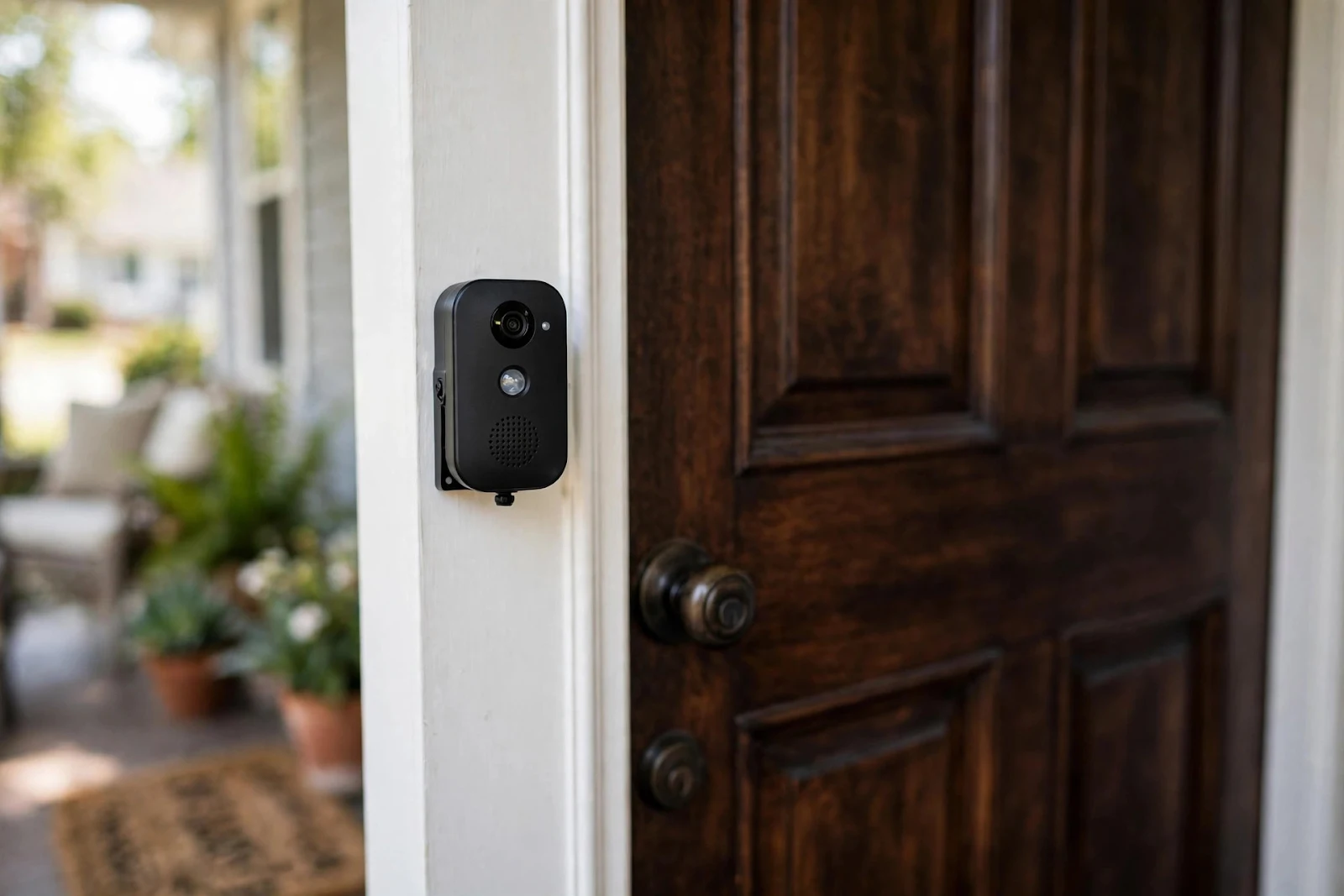 Video doorbell mounted on a front door frame in daylight