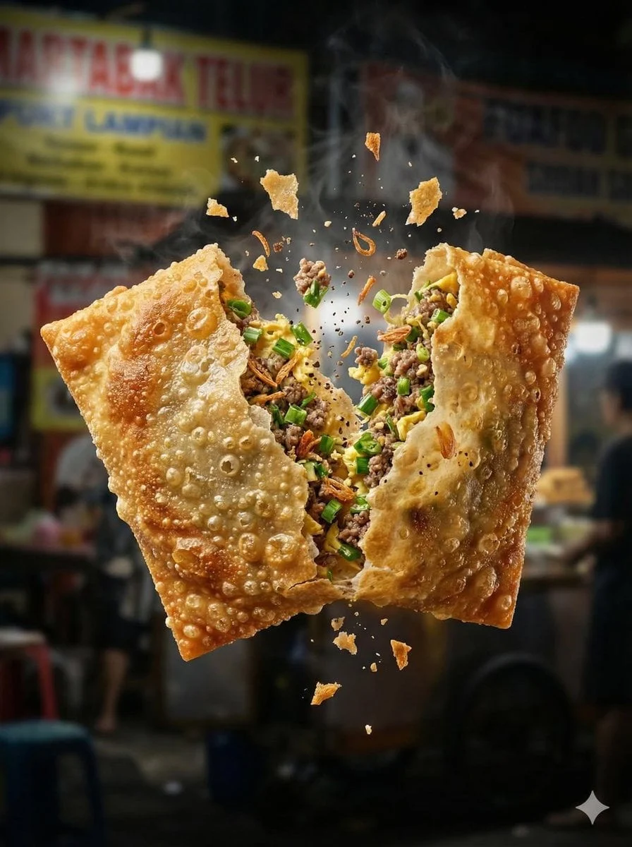 Fotografía de alimentos ultrarrealista a alta velocidad de un crujiente y dorado bocadillo frito que se rompe en el aire, cremoso...