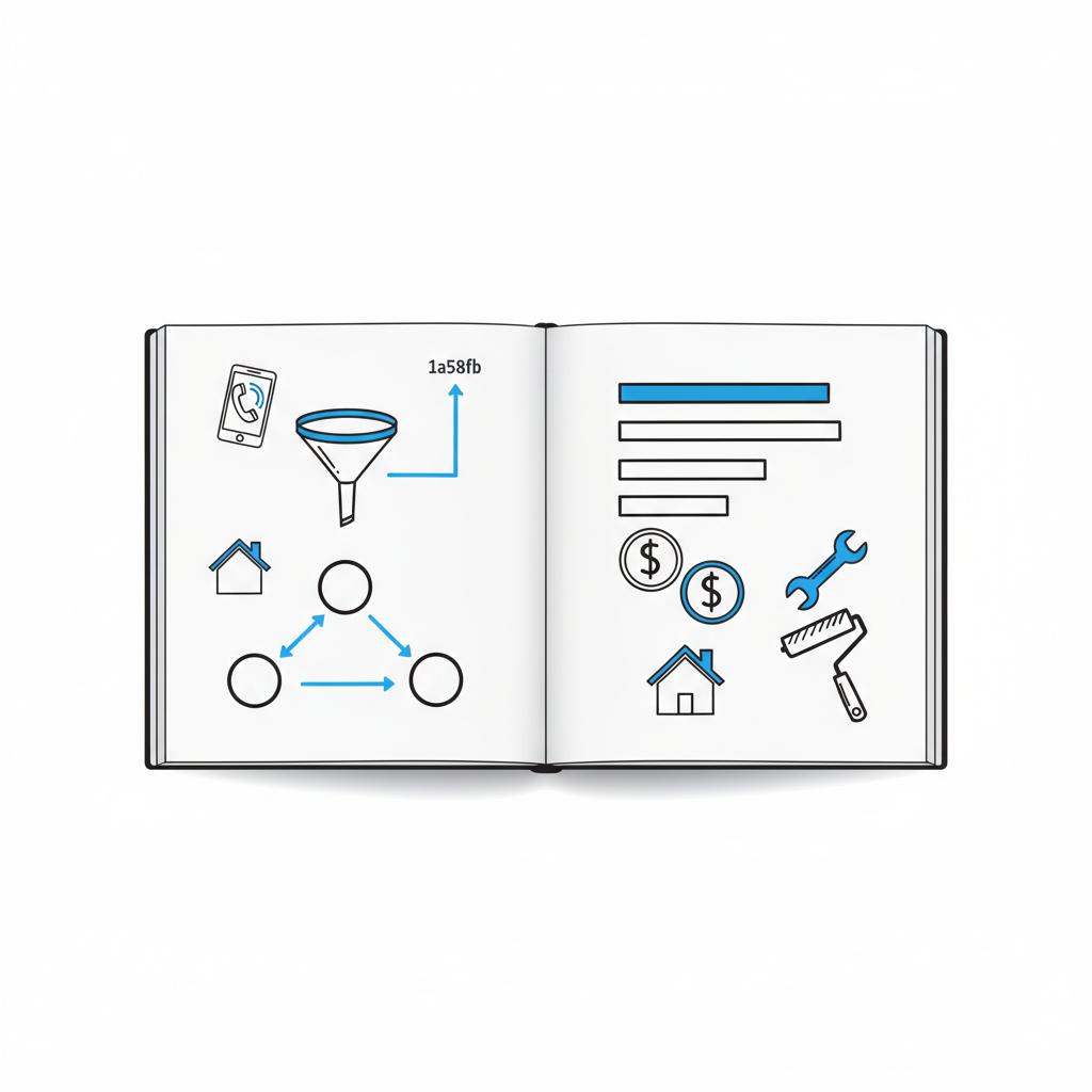 How much do Angi ads cost &mdash; aerial vector illustration of a clean notebook page with sketches mapping lead costs to job types, icons for phone, dollar sign, house and renovation tools