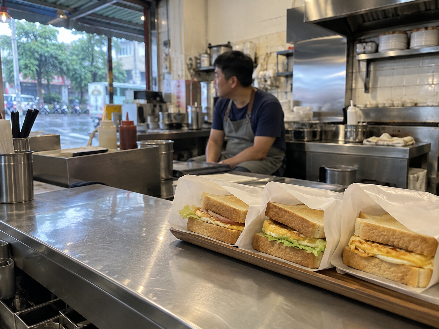 雨天早餐店櫃檯上留下少量吐司，老闆在後方安靜坐著