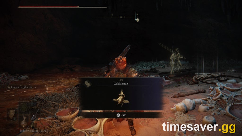 The Gold Scarab talisman pickup inside the Abandoned Cave in Caelid