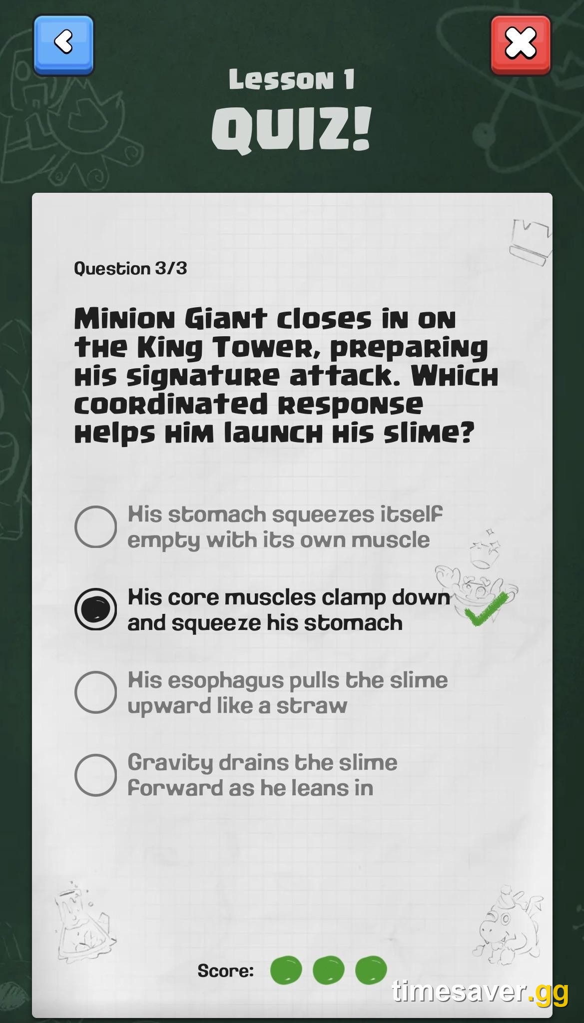 A Clashroom Final Exam question about Minion Giant in Clash Royale with the correct answer selected and a perfect 3/3 score