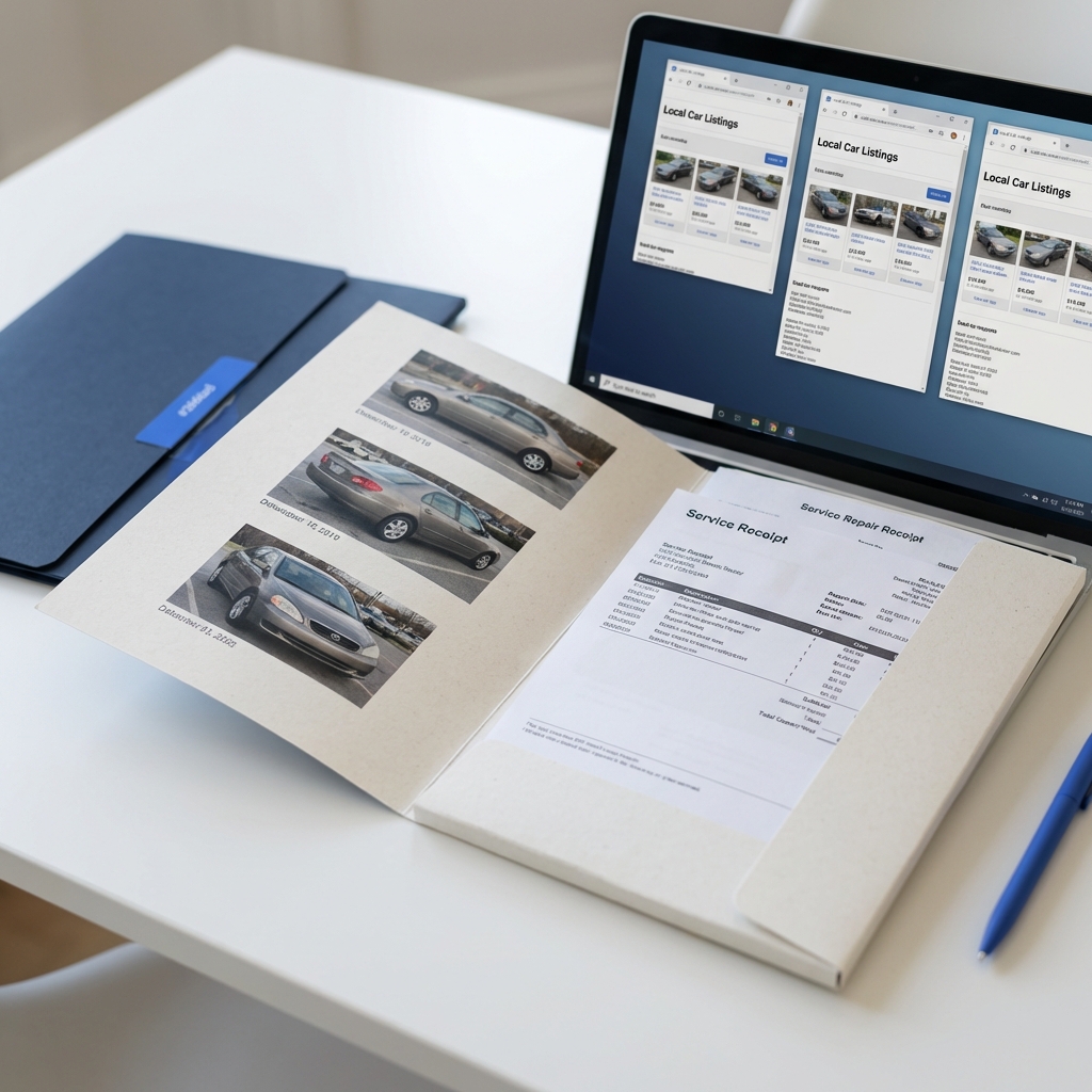 Close full frame photo of an actual cash value car packet with dated vehicle photos service receipts and three browser car listing windows on a white table with a subtle blue accent