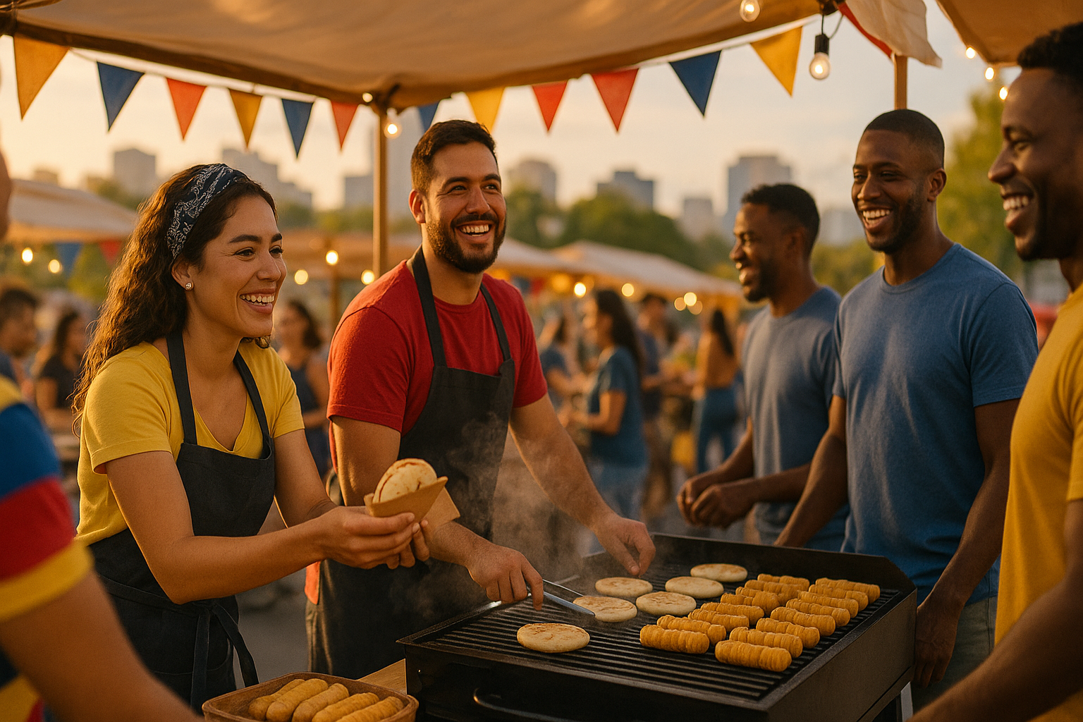 Emprendedores venezolanos sirviendo arepas en un mercado urbano al atardecer