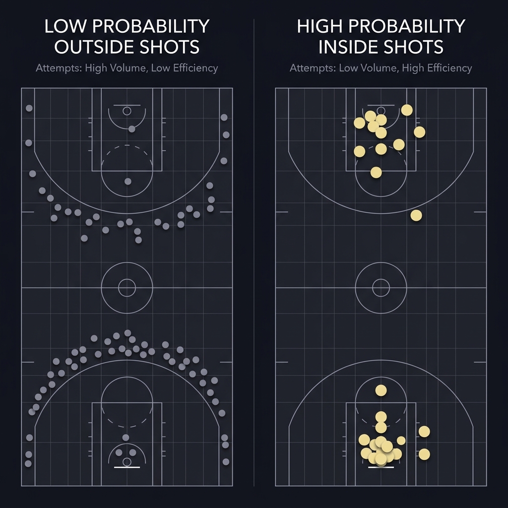 Side by side basketball shot maps comparing many low probability outside shots to fewer high probability box attempts illustrating Using Shot Quality Instead of Shot Count