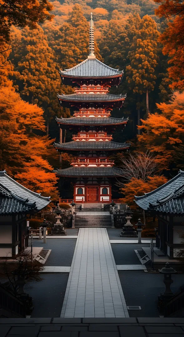 Ancient Japanese Pagoda Amidst Vibrant Autumn Foliage