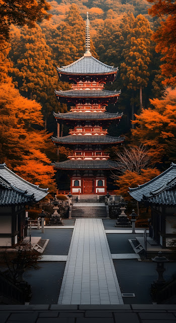Ancient Japanese Pagoda Amidst Vibrant Autumn Foliage - Free mobile Wallpaper