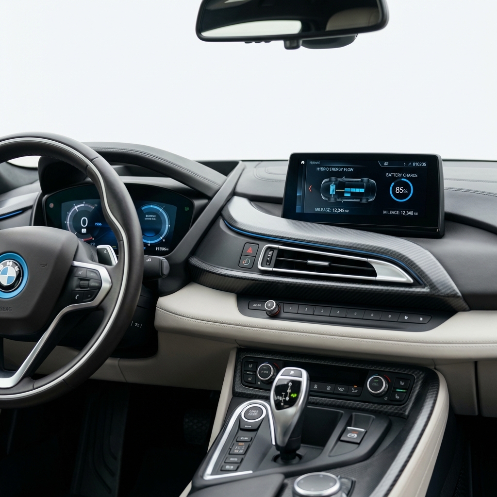 Close crop of BMW i8 dashboard showing hybrid display battery status and mileage reading for bmw i8 price comparison clean white background and blue accents
