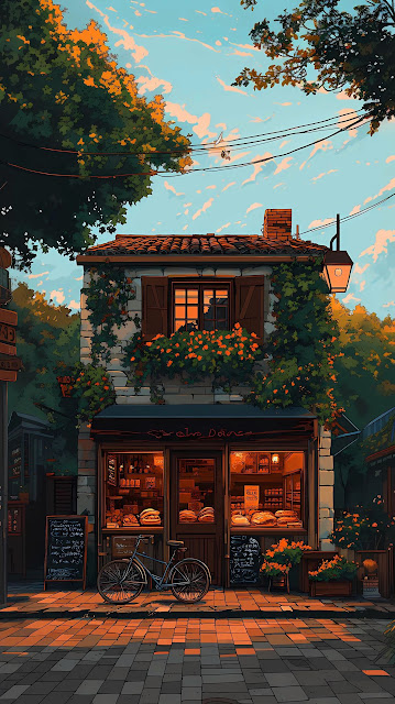 Cozy European Bakery Shopfront Golden Hour Anime Style - Free mobile Wallpaper