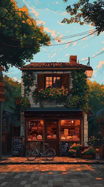 Cozy European Bakery Shopfront Golden Hour Anime Style